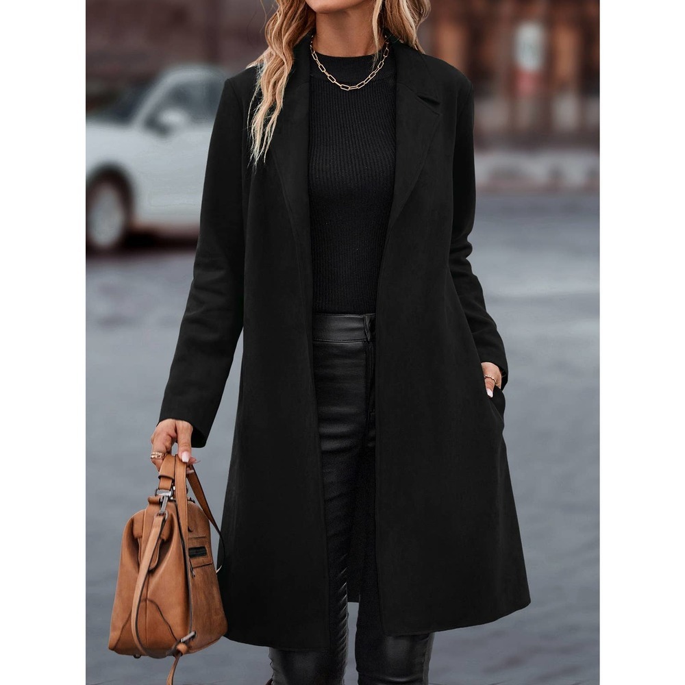 minimalist Lapel collar Open Front Belted pea coat peacoat - Picture 6 of 8